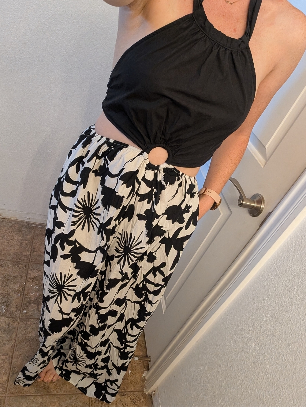 100% Cotton Black Halter jJumpsuit with Black & White Floral Bottom